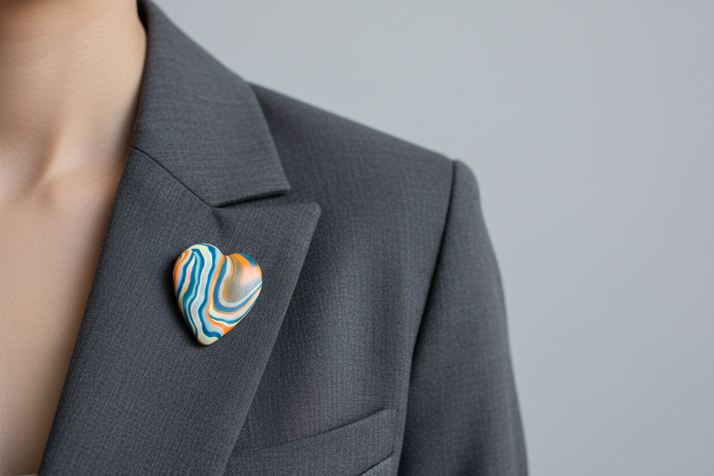 Orange & Blue Heart Polymer Clay Brooch