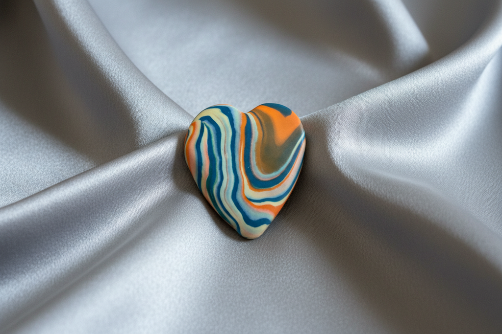 Orange & Blue Heart Polymer Clay Brooch