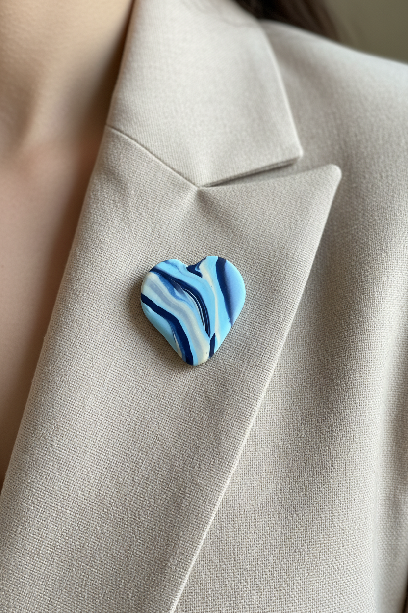Blue Heart Polymer Clay Brooch