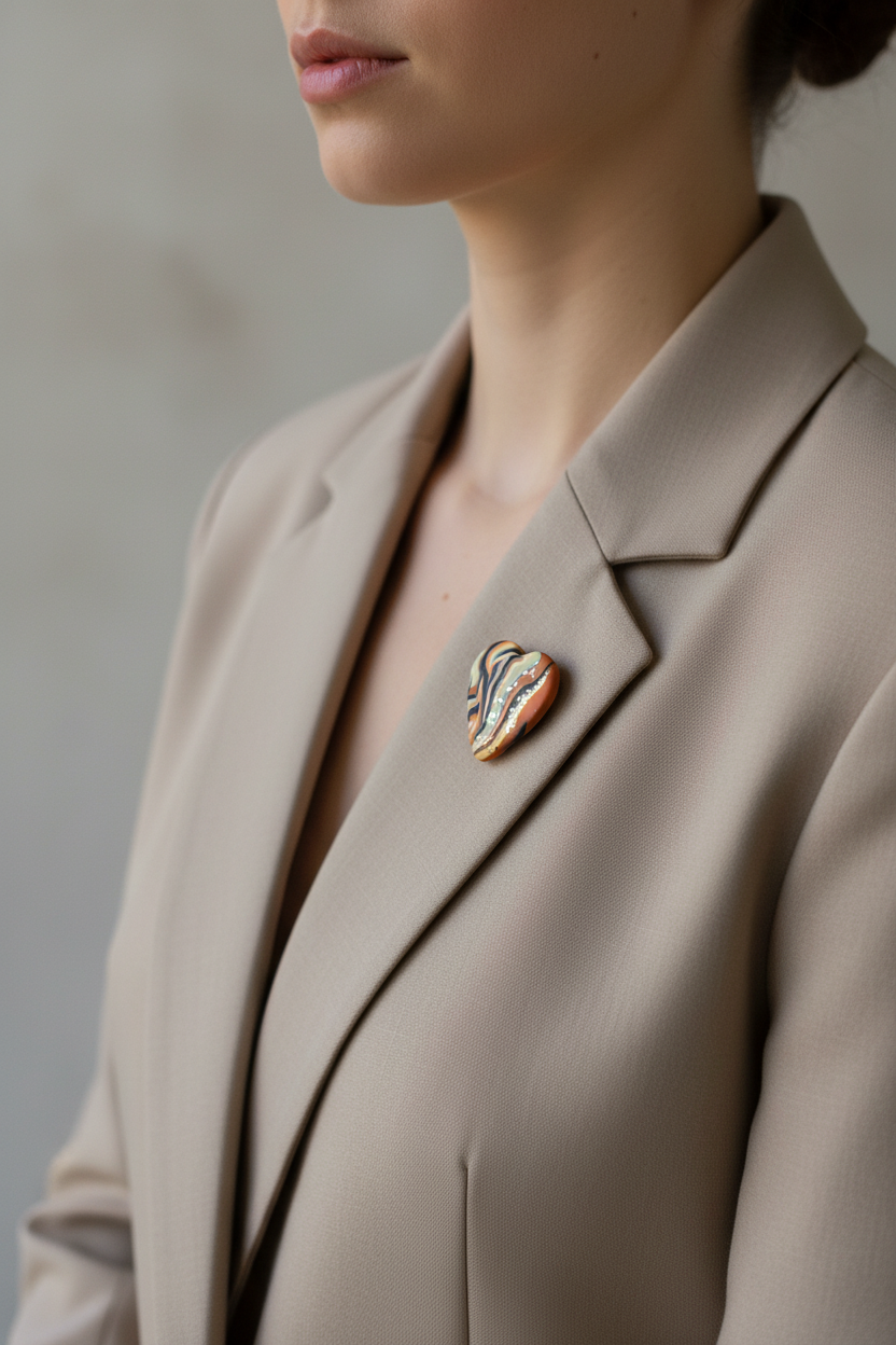 Brown Heart Polymer Clay Brooch