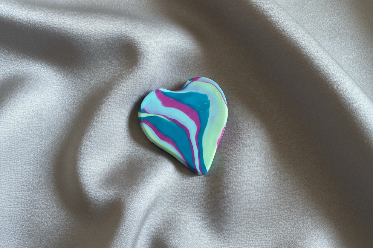 Teal & Pink Heart Polymer Clay Brooch