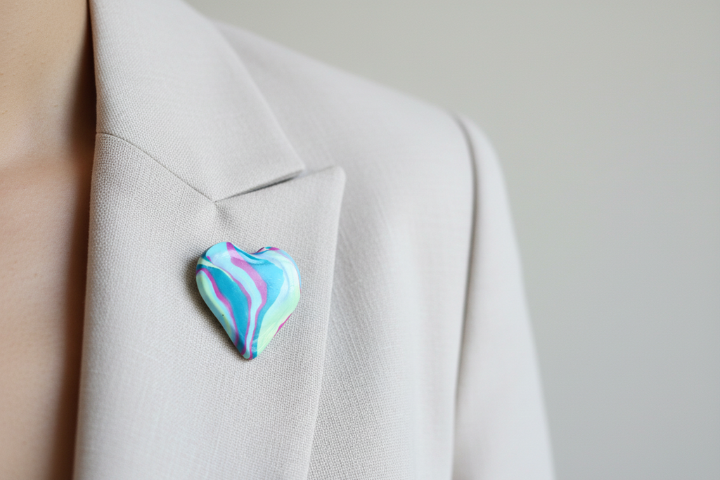 Teal & Pink Heart Polymer Clay Brooch