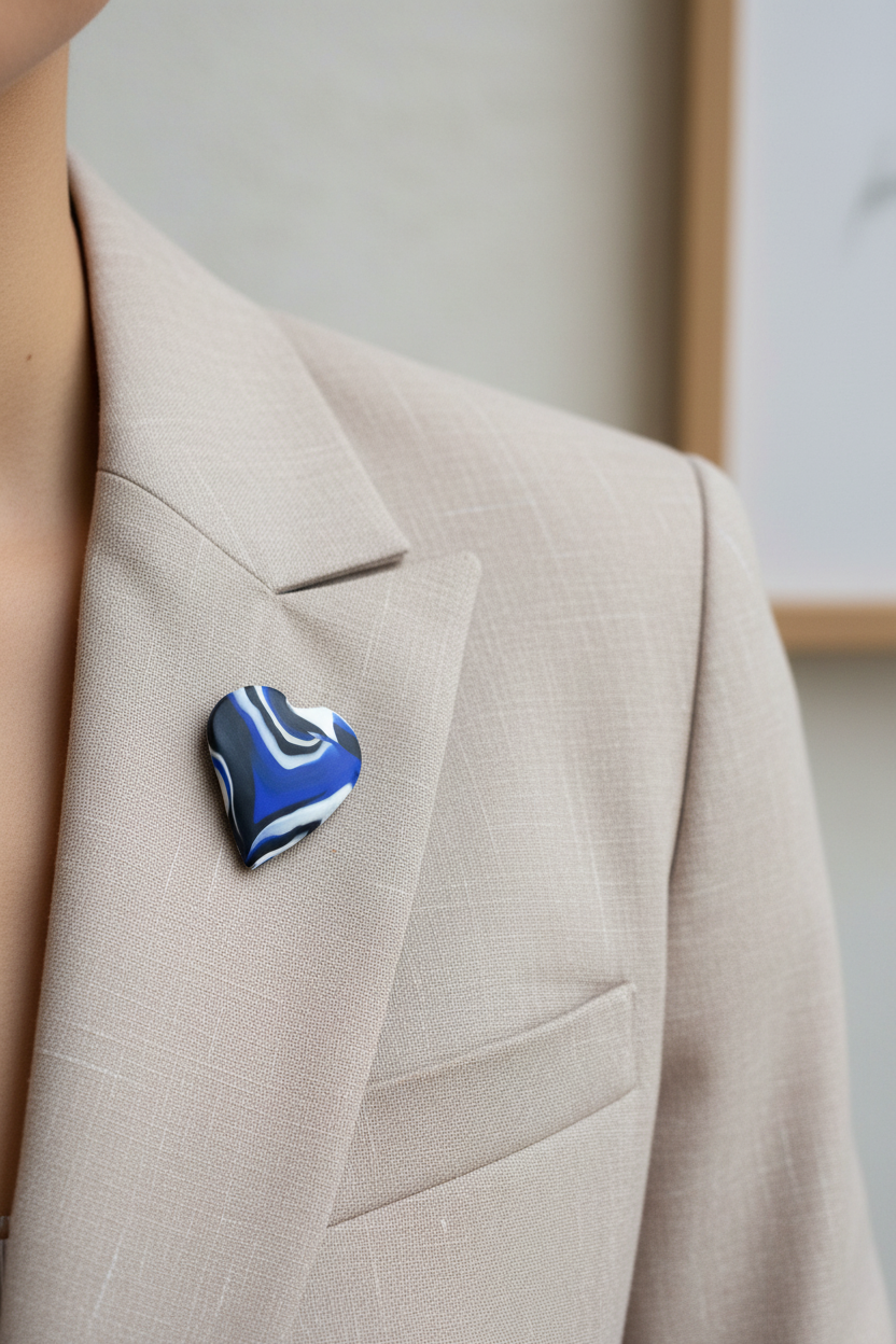 Black & Blue Heart Polymer Clay Brooch