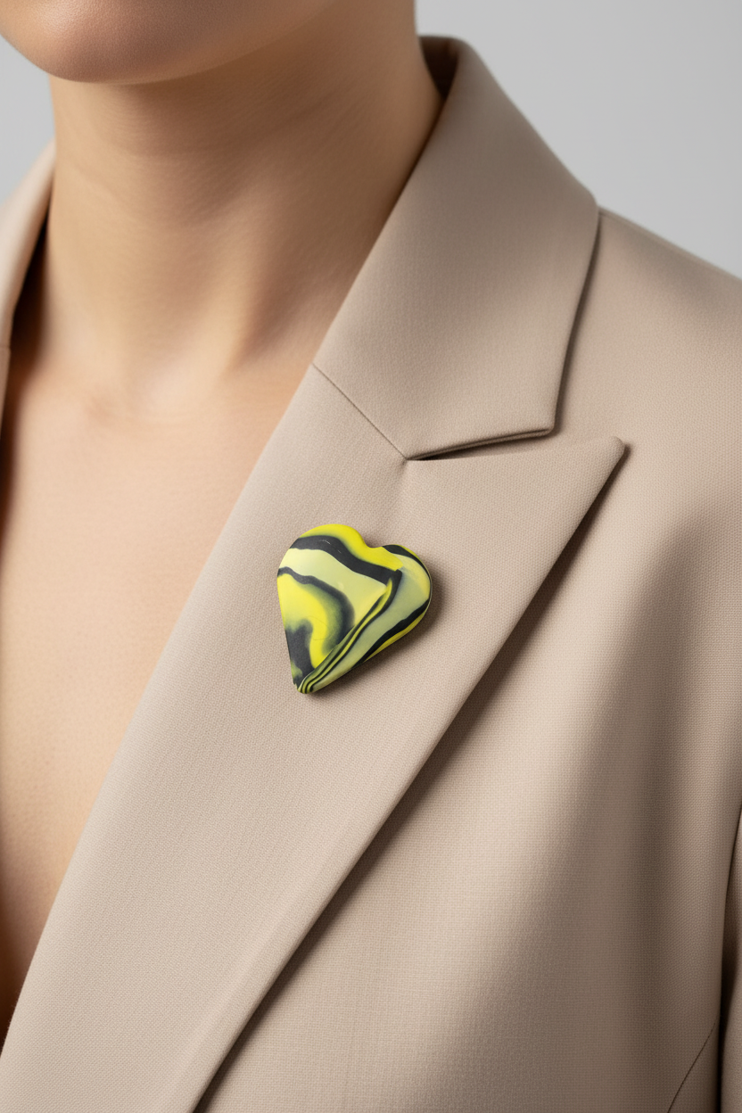 Yellow & Navy Heart Polymer Clay Brooch