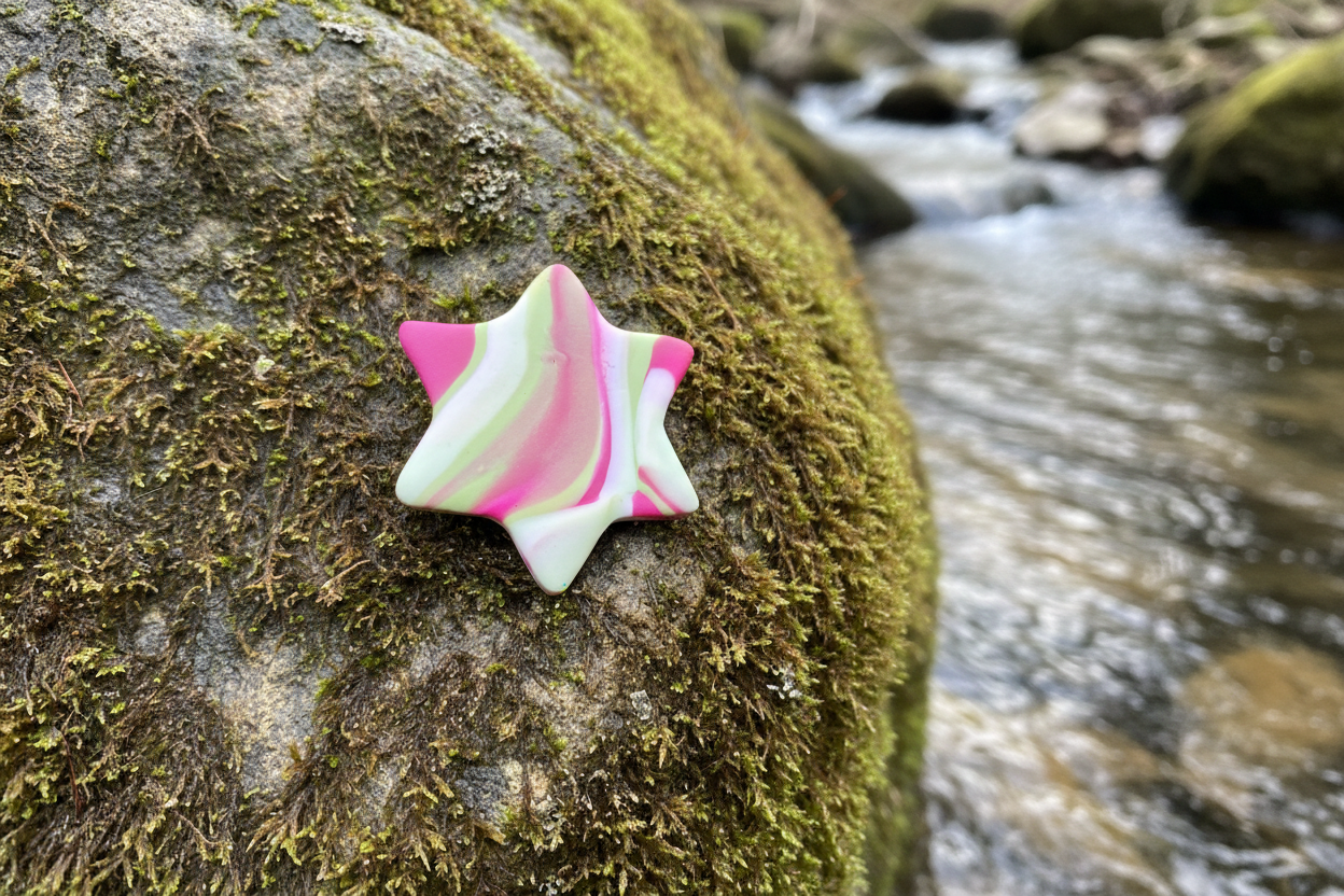 Pink, Green & White Star Polymer Clay Brooch