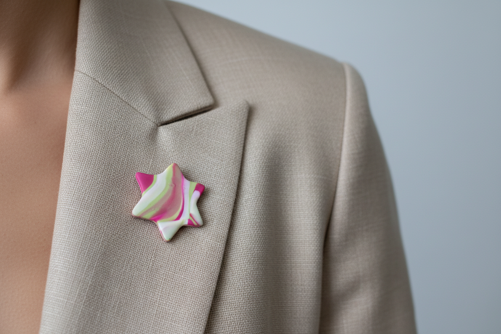 Pink, Green & White Star Polymer Clay Brooch