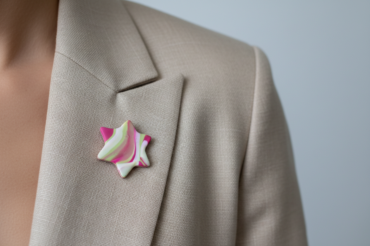 Pink, Green & White Star Polymer Clay Brooch