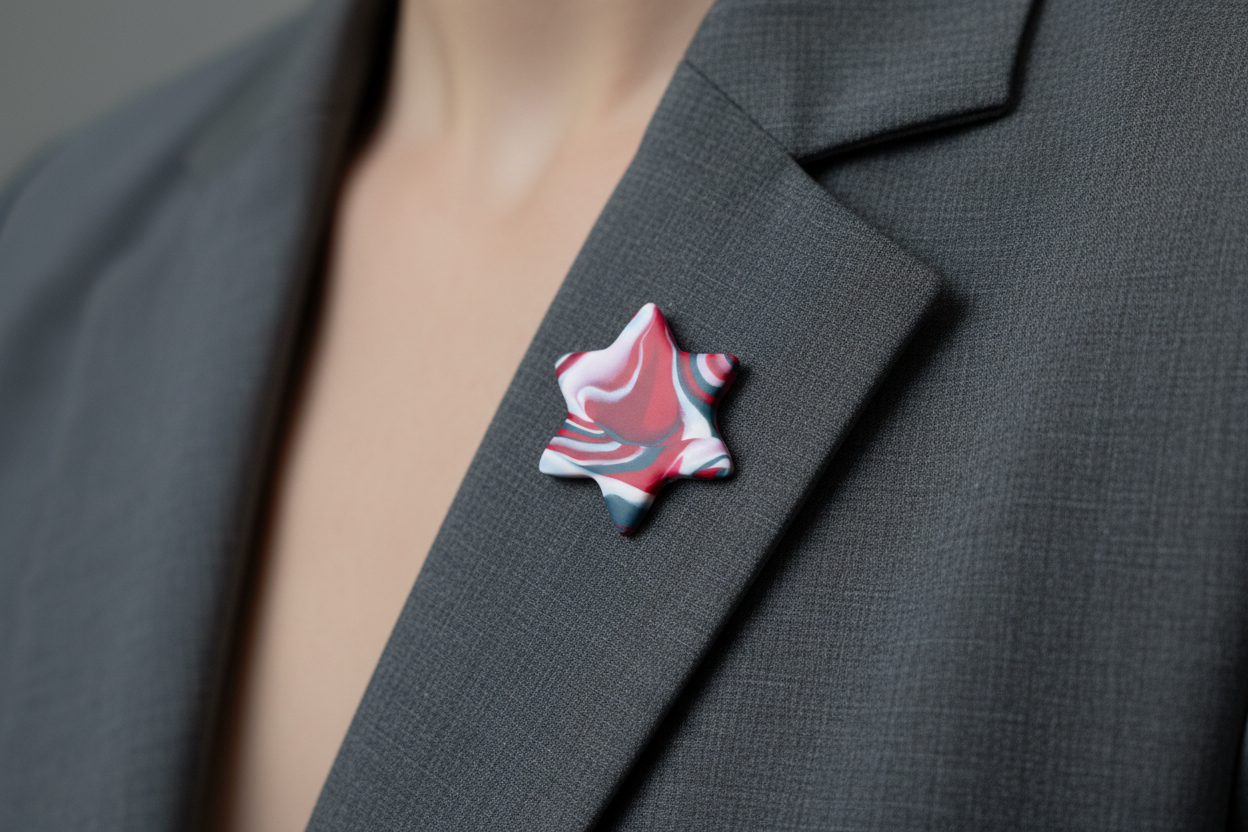 Red, Grey & White Star Polymer Clay Brooch