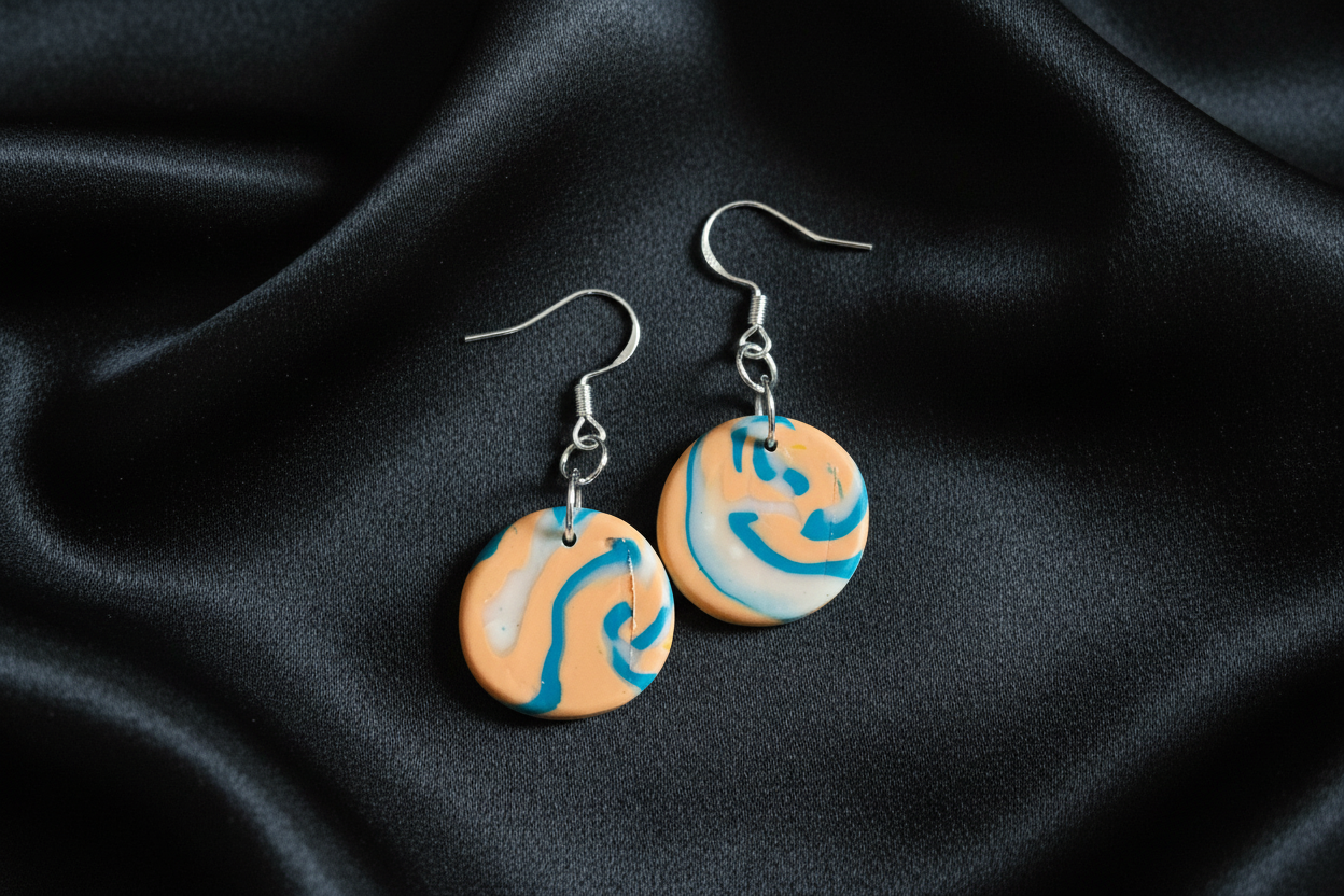 Peach & Blue Disk Polymer Clay Dangle Earrings