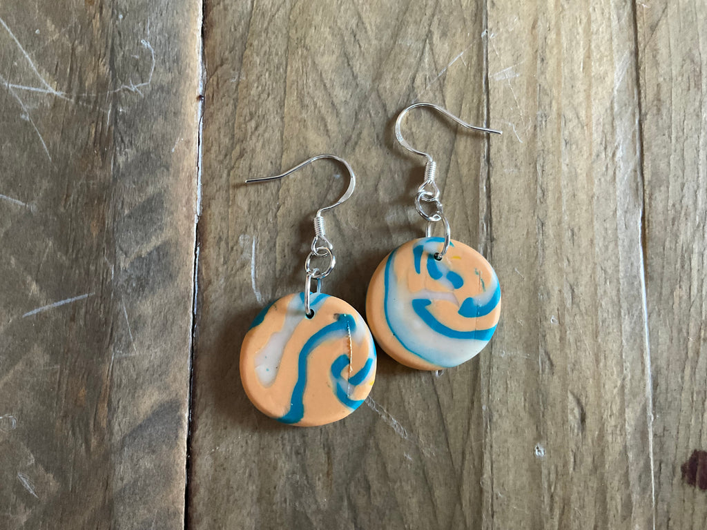 Peach & Blue Disk Polymer Clay Dangle Earrings