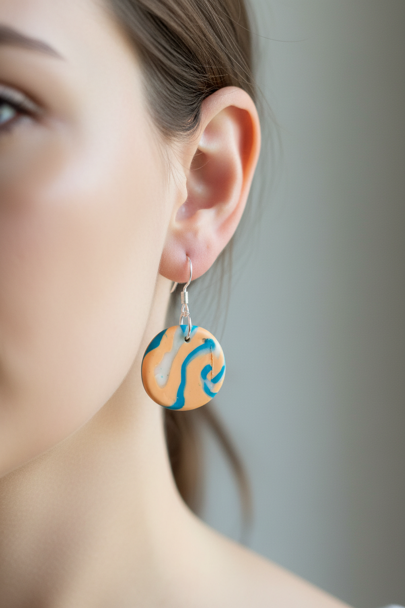Peach & Blue Disk Polymer Clay Dangle Earrings