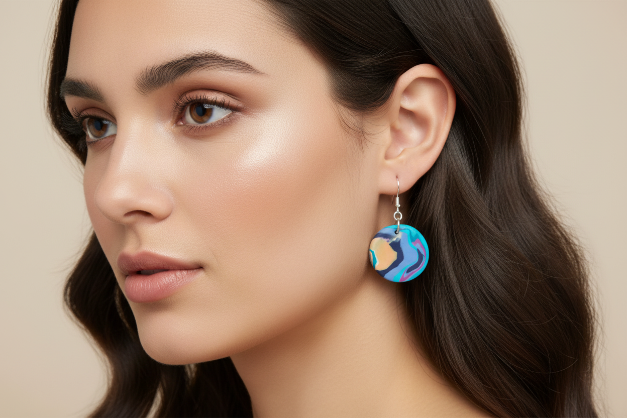 Blue & Peach Disk Polymer Clay Dangle Earrings