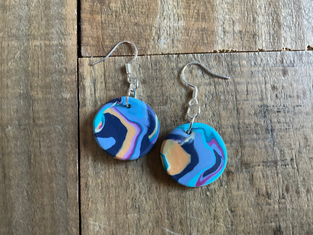 Blue & Peach Disk Polymer Clay Dangle Earrings