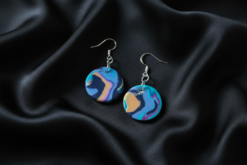 Blue & Peach Disk Polymer Clay Dangle Earrings