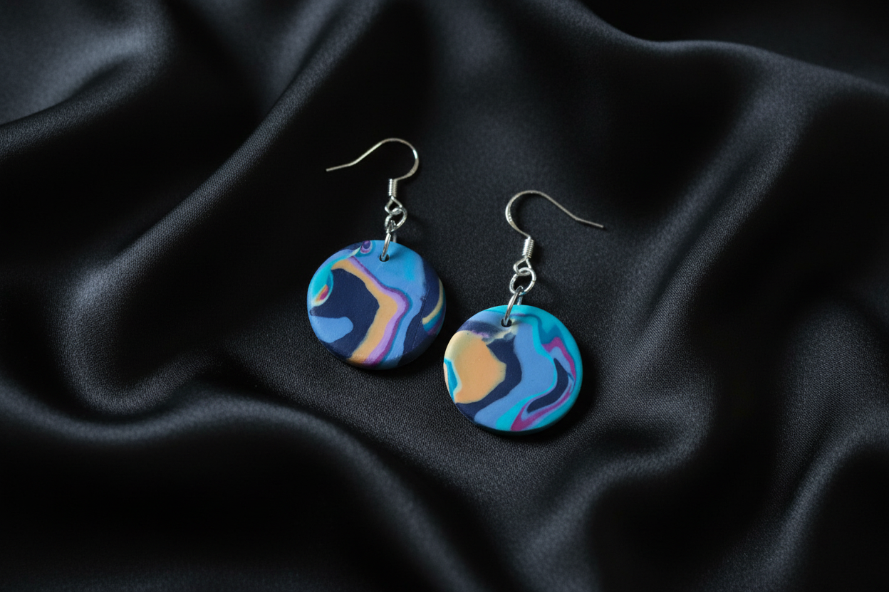 Blue & Peach Disk Polymer Clay Dangle Earrings