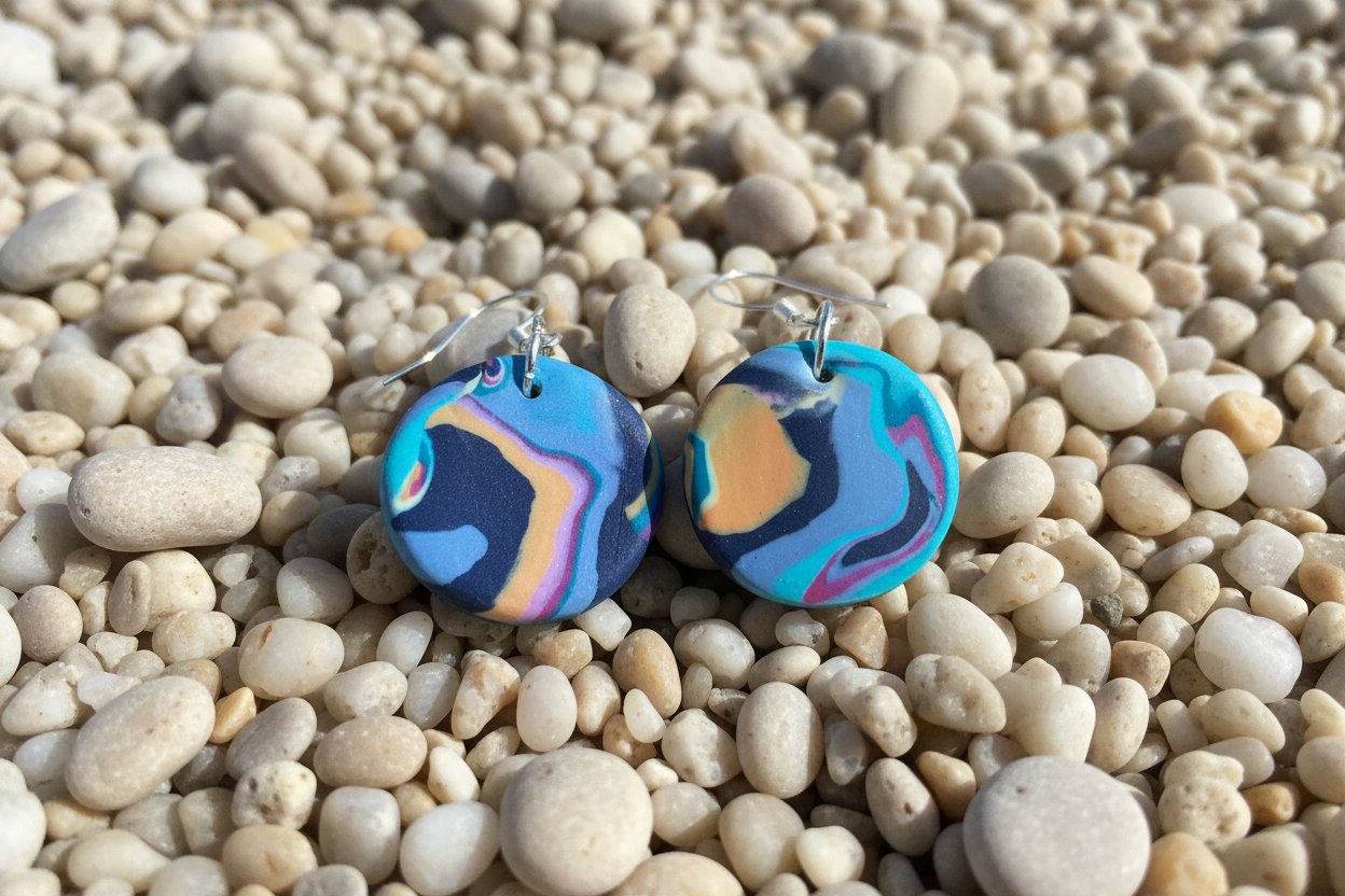 Blue & Peach Disk Polymer Clay Dangle Earrings