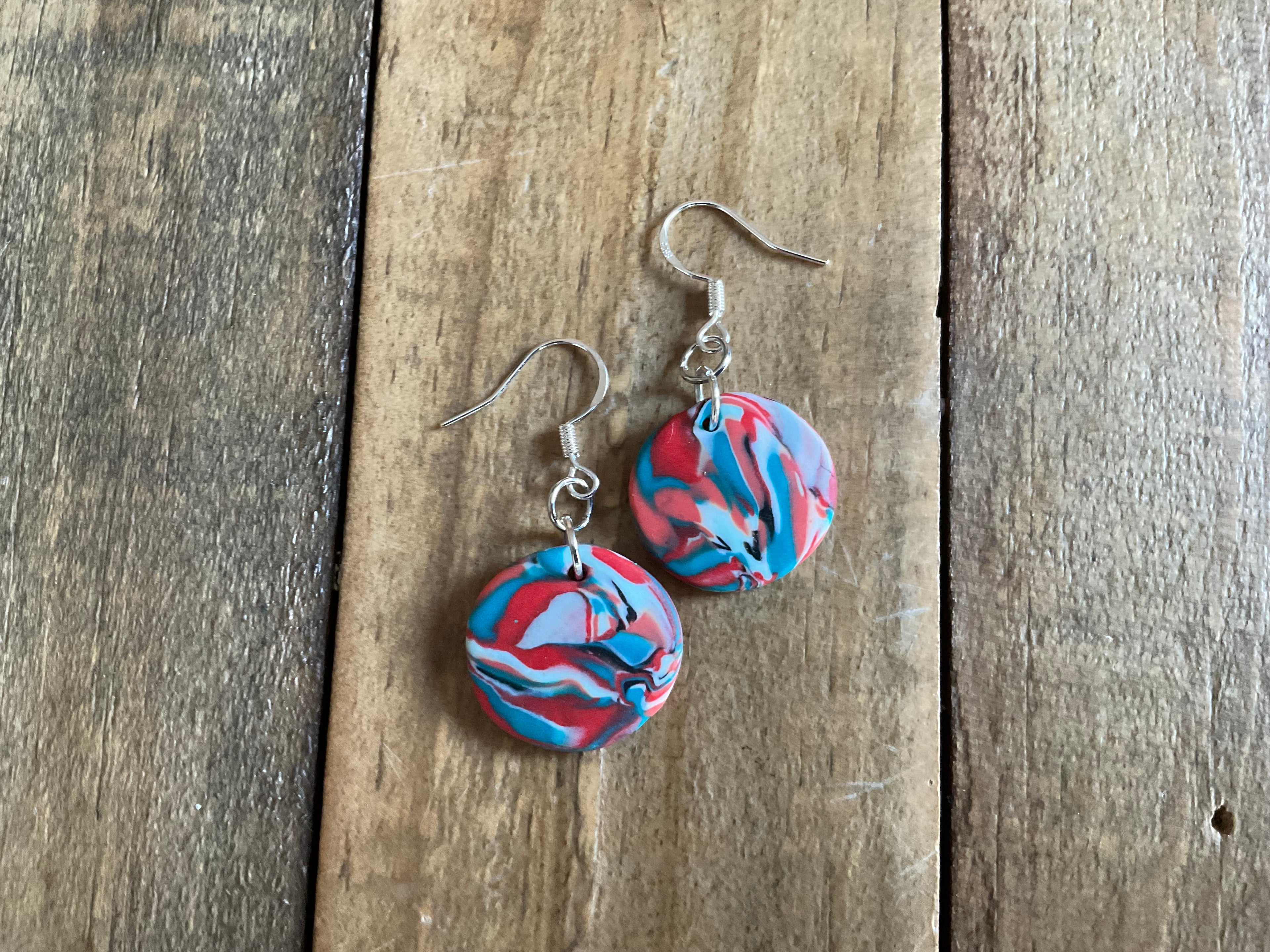 Red & Blue Disk Polymer Clay Dangle Earrings