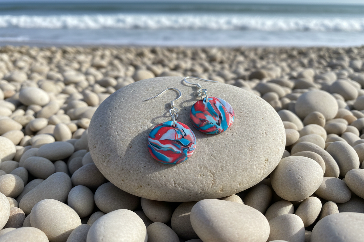 Red & Blue Disk Polymer Clay Dangle Earrings