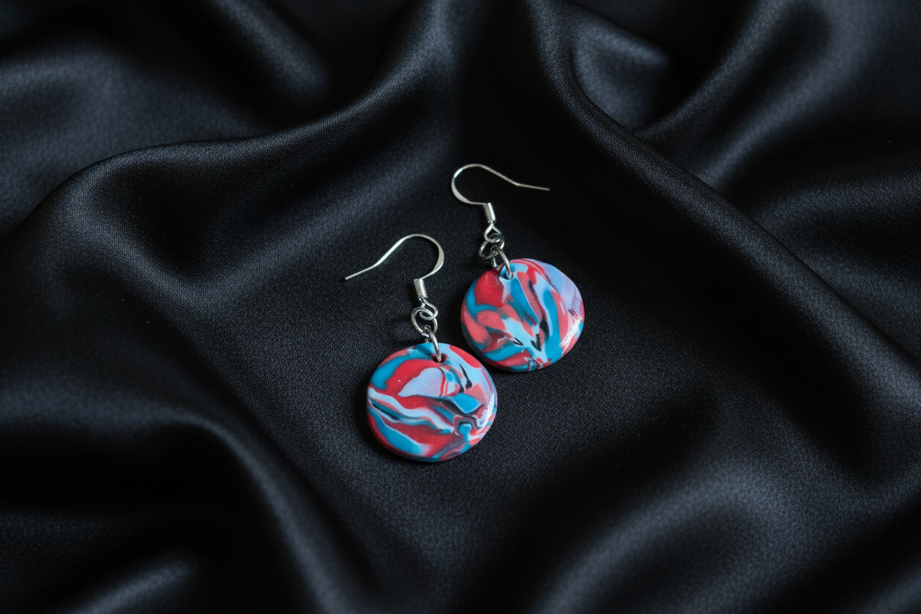 Red & Blue Disk Polymer Clay Dangle Earrings