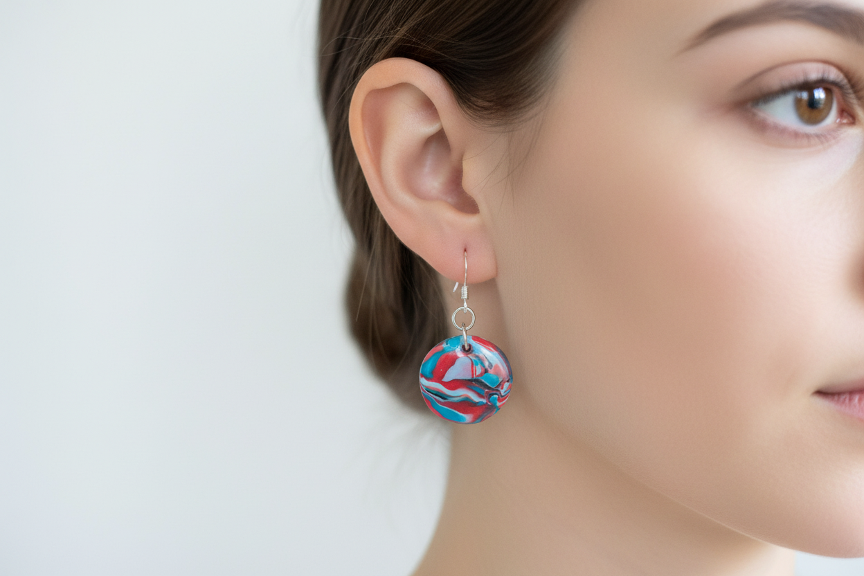 Red & Blue Disk Polymer Clay Dangle Earrings