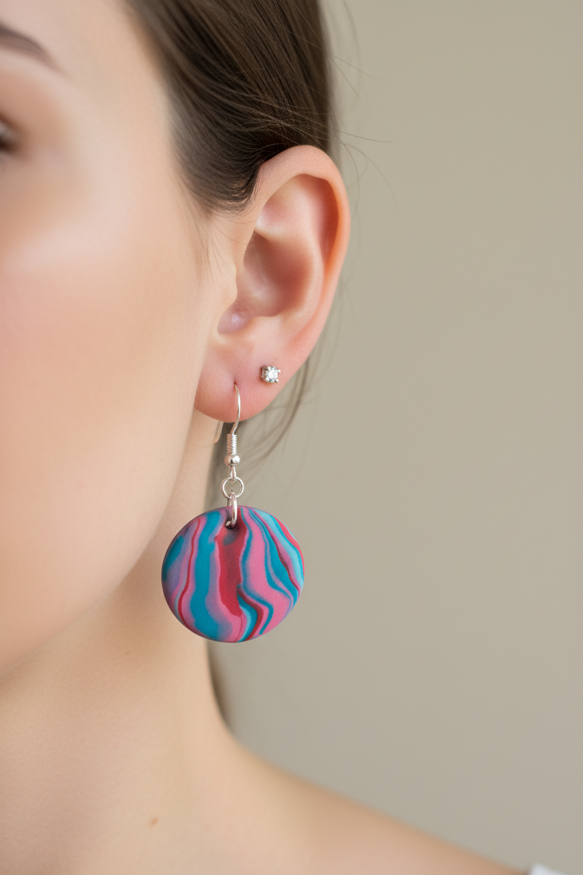 Pink & Blue Disk Polymer Clay Dangle Earrings