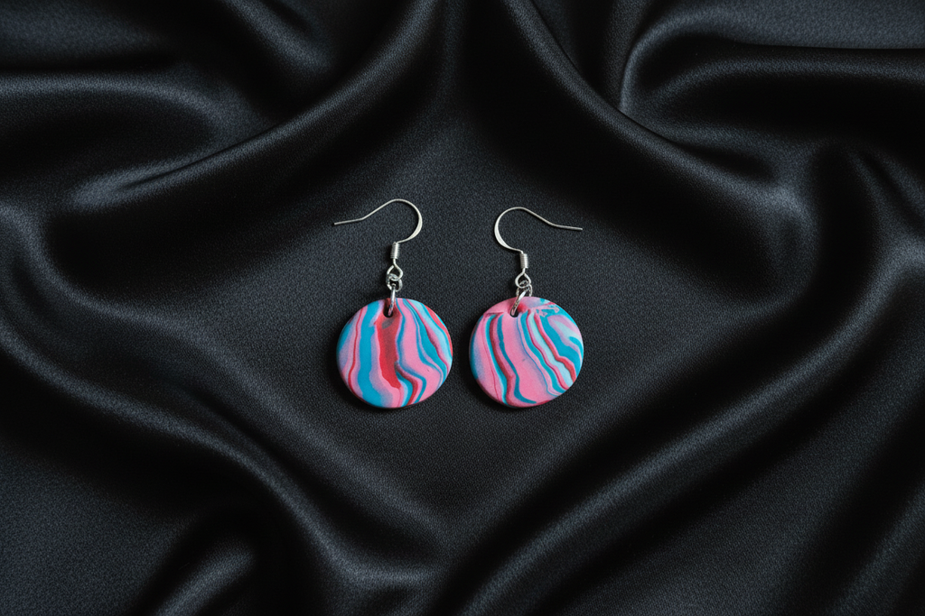 Pink & Blue Disk Polymer Clay Dangle Earrings