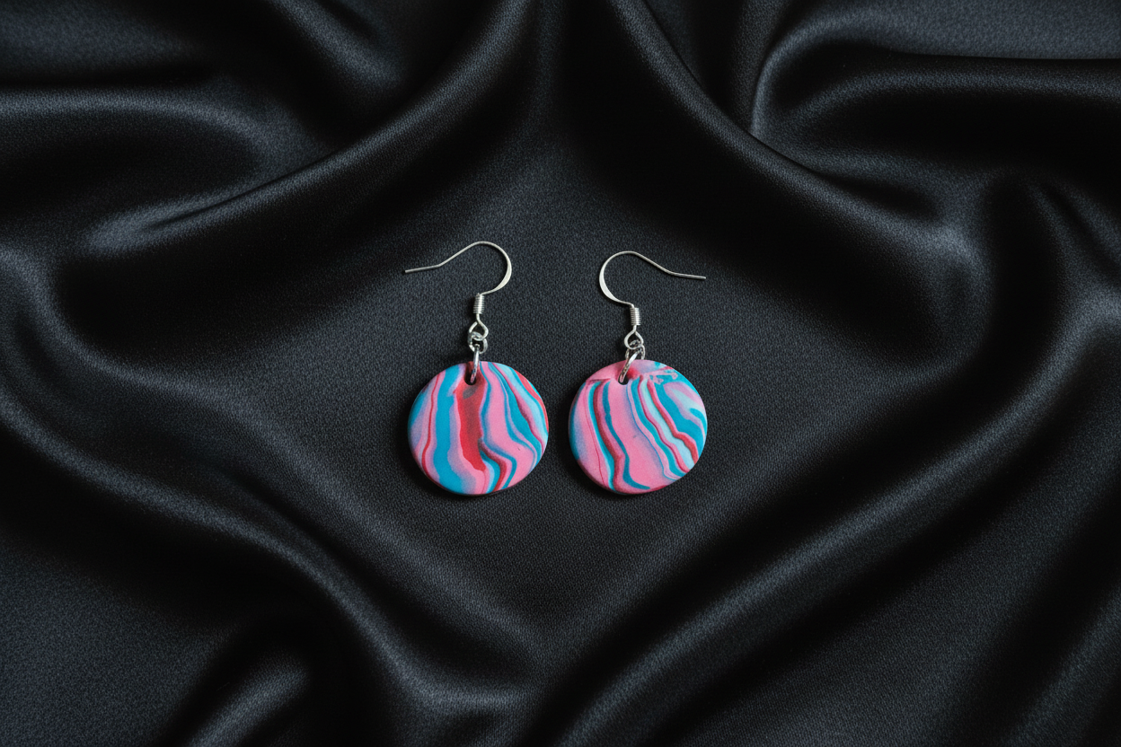 Pink & Blue Disk Polymer Clay Dangle Earrings