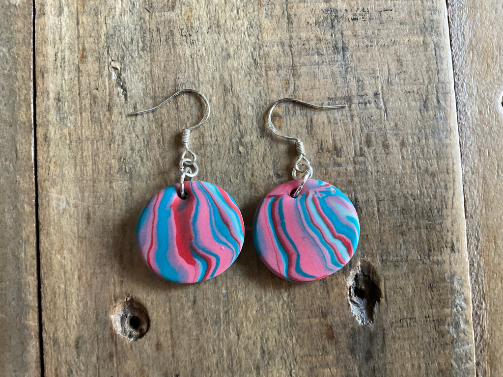Pink & Blue Disk Polymer Clay Dangle Earrings