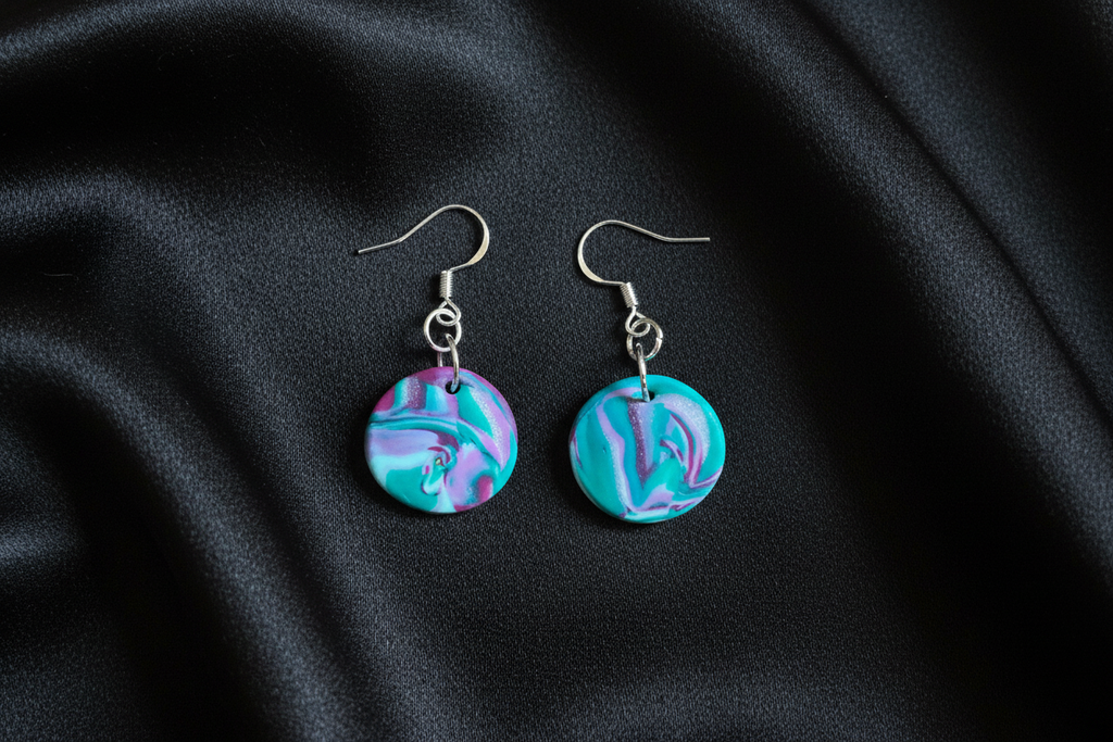 Teal Disk Polymer Clay Dangle Earrings