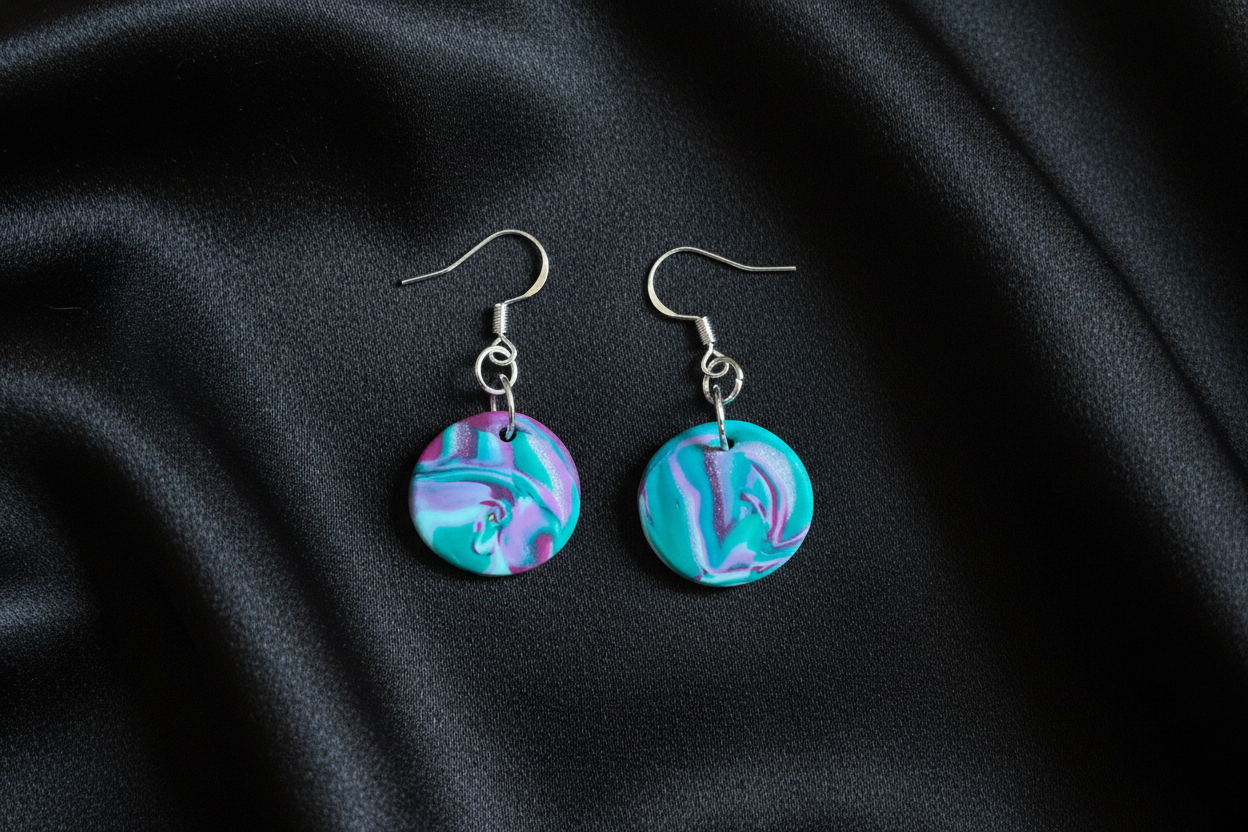 Teal Disk Polymer Clay Dangle Earrings
