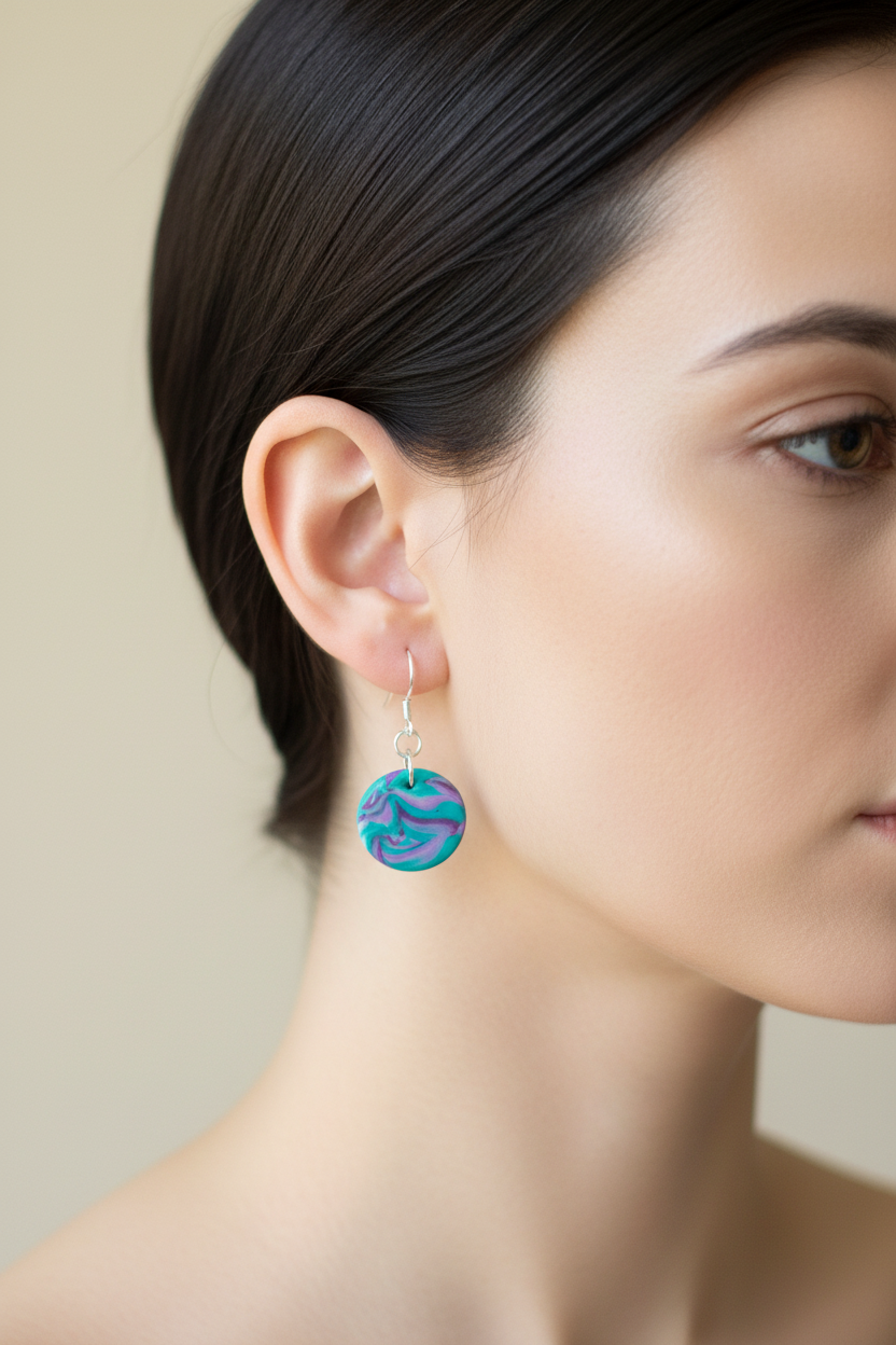 Teal Disk Polymer Clay Dangle Earrings
