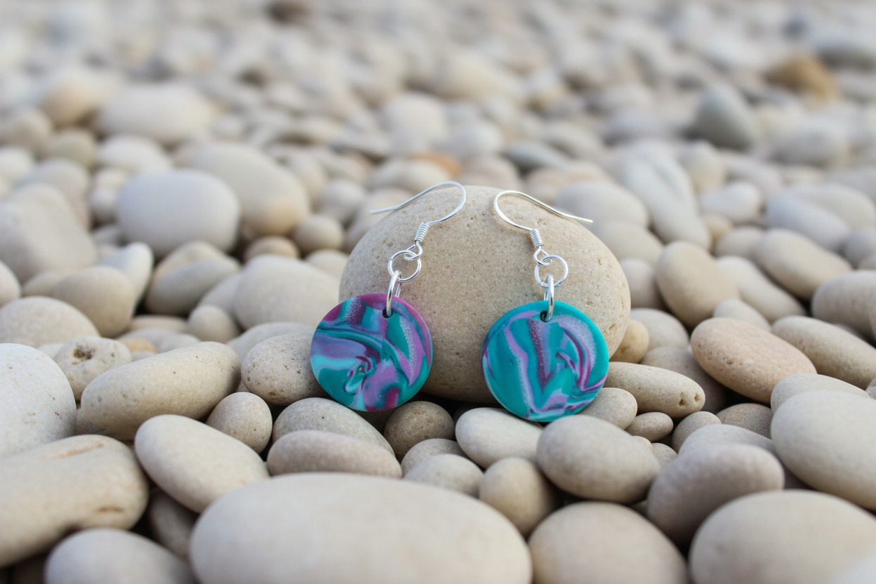 Teal Disk Polymer Clay Dangle Earrings