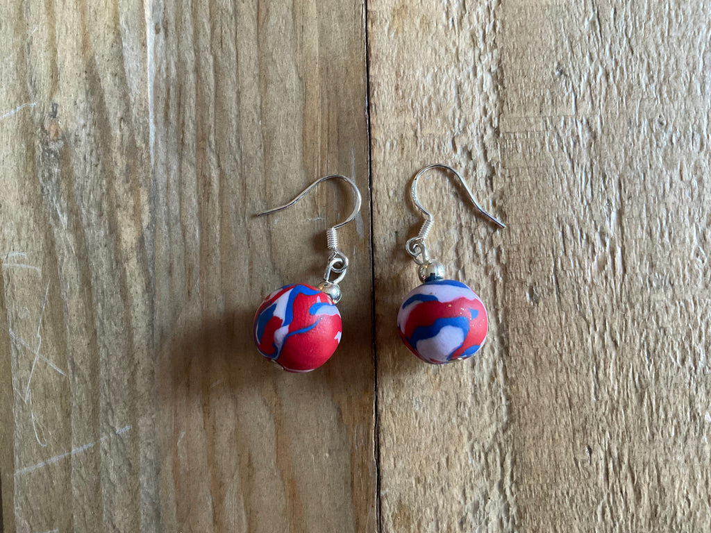 Red, White & Blue Ball Polymer Clay Dangle Earrings