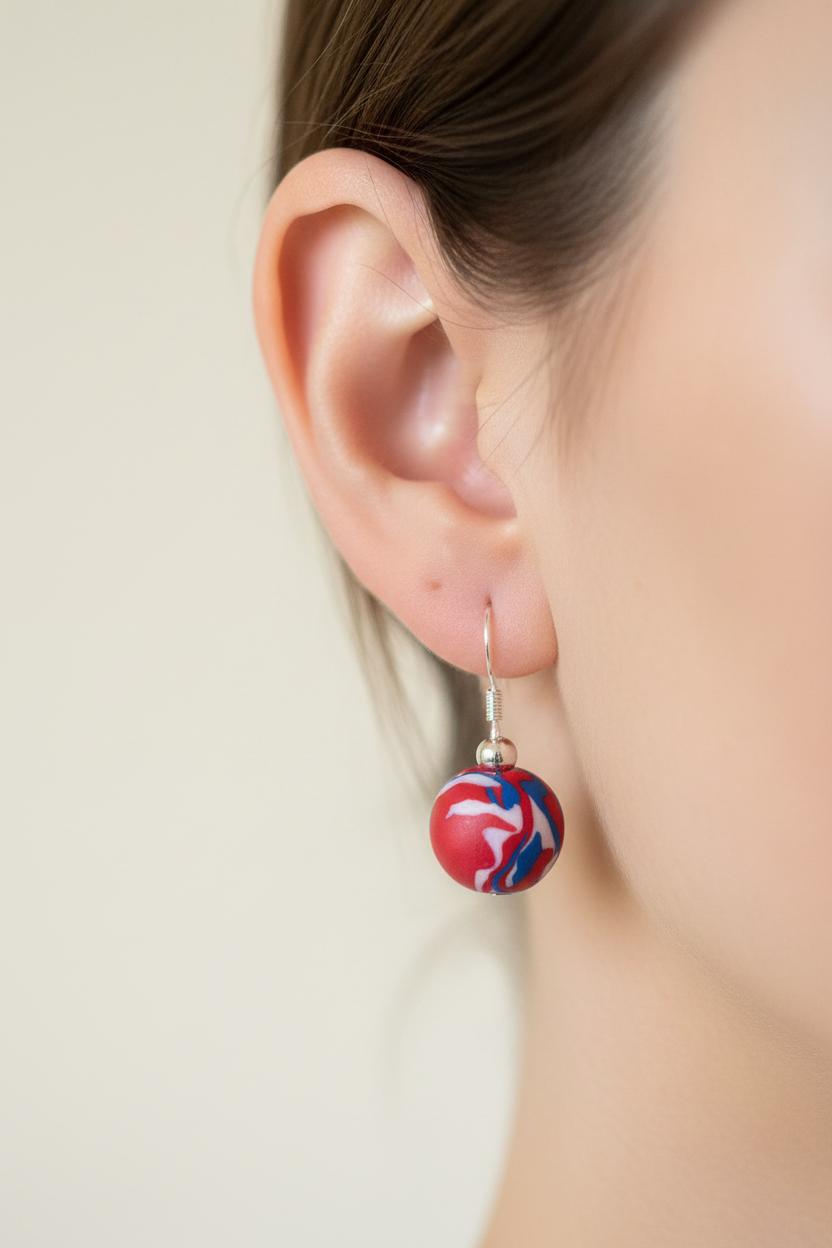 Red, White & Blue Ball Polymer Clay Dangle Earrings