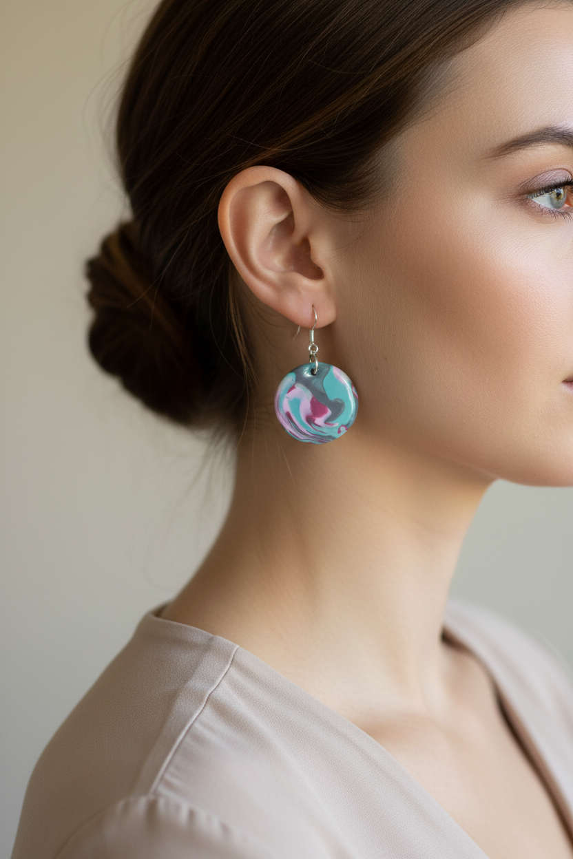 Grey, Pink & Blue Disk Polymer Clay Dangle Earrings