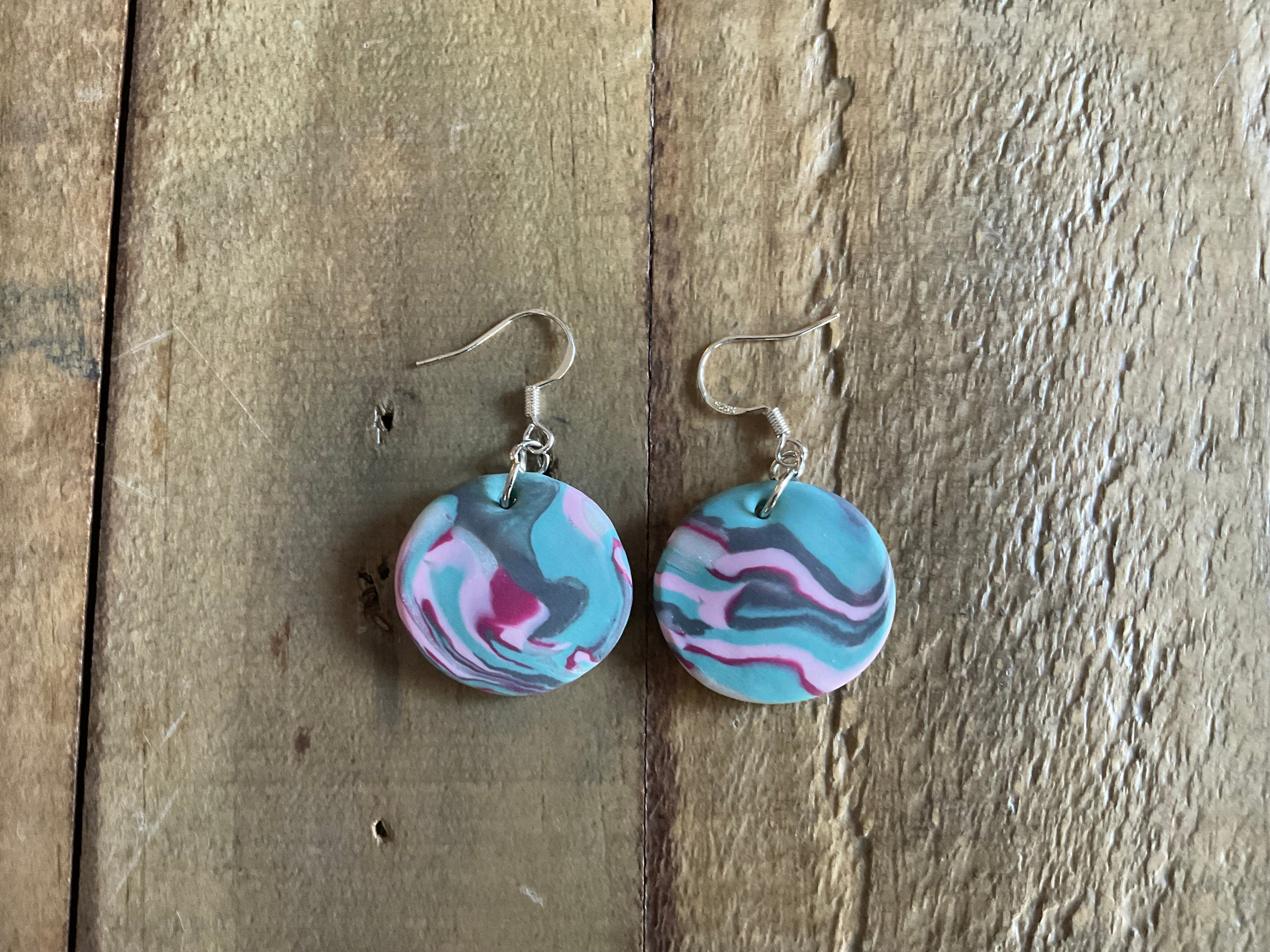 Grey, Pink & Blue Disk Polymer Clay Dangle Earrings