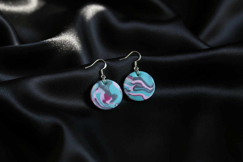 Grey, Pink & Blue Disk Polymer Clay Dangle Earrings