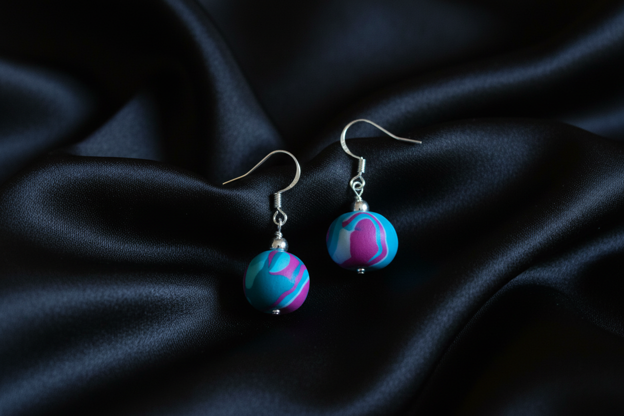 Blue & Purple Ball Polymer Clay Dangle Earrings