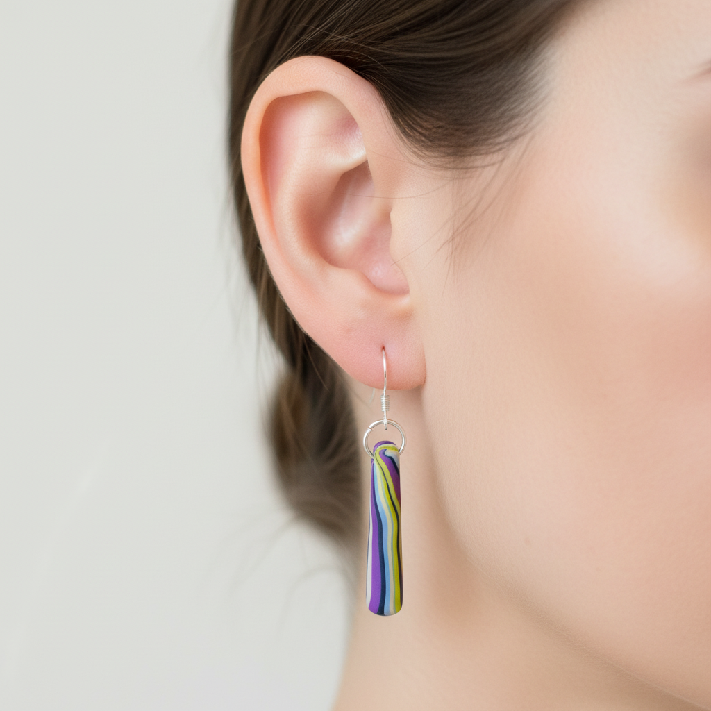 Purple Tubular Polymer Clay Dangle Earrings