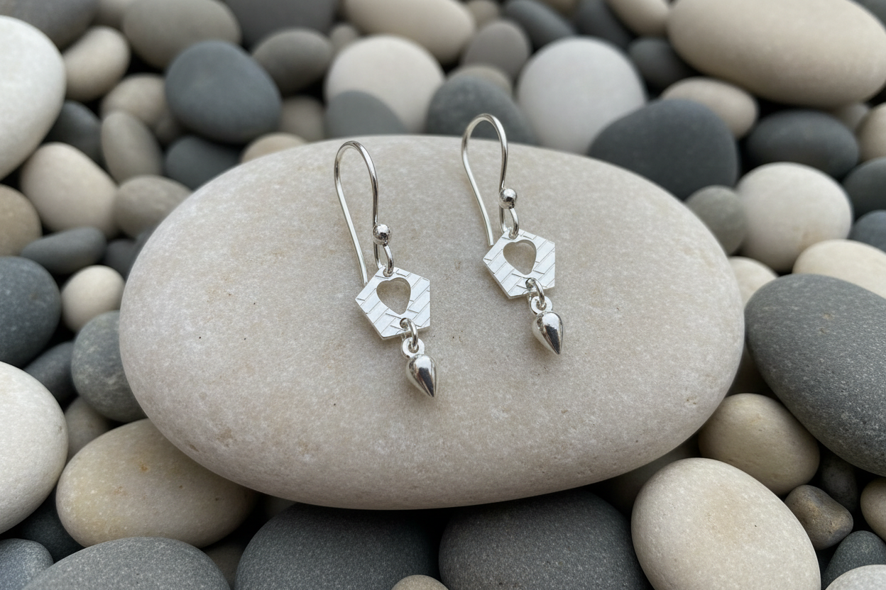Hexagon Heart Dangle Earrings