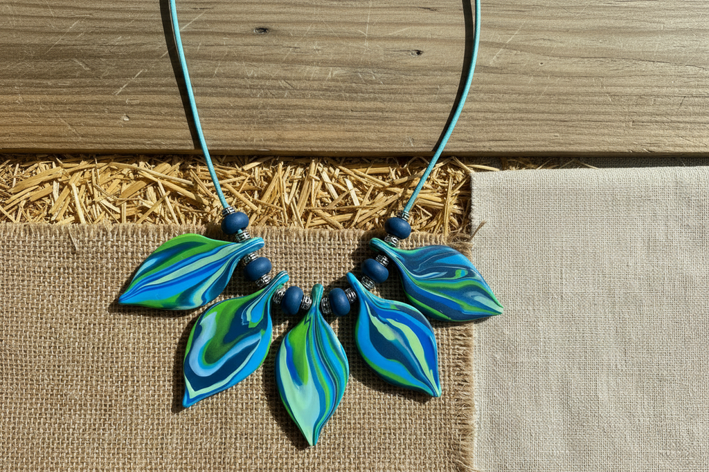 Blue Leaf Polymer Clay Statement Necklace
