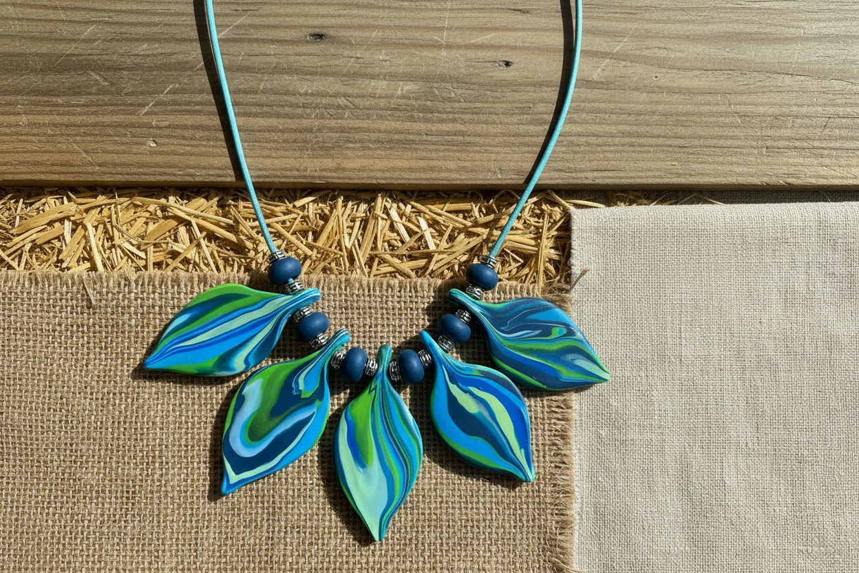Blue Leaf Polymer Clay Statement Necklace