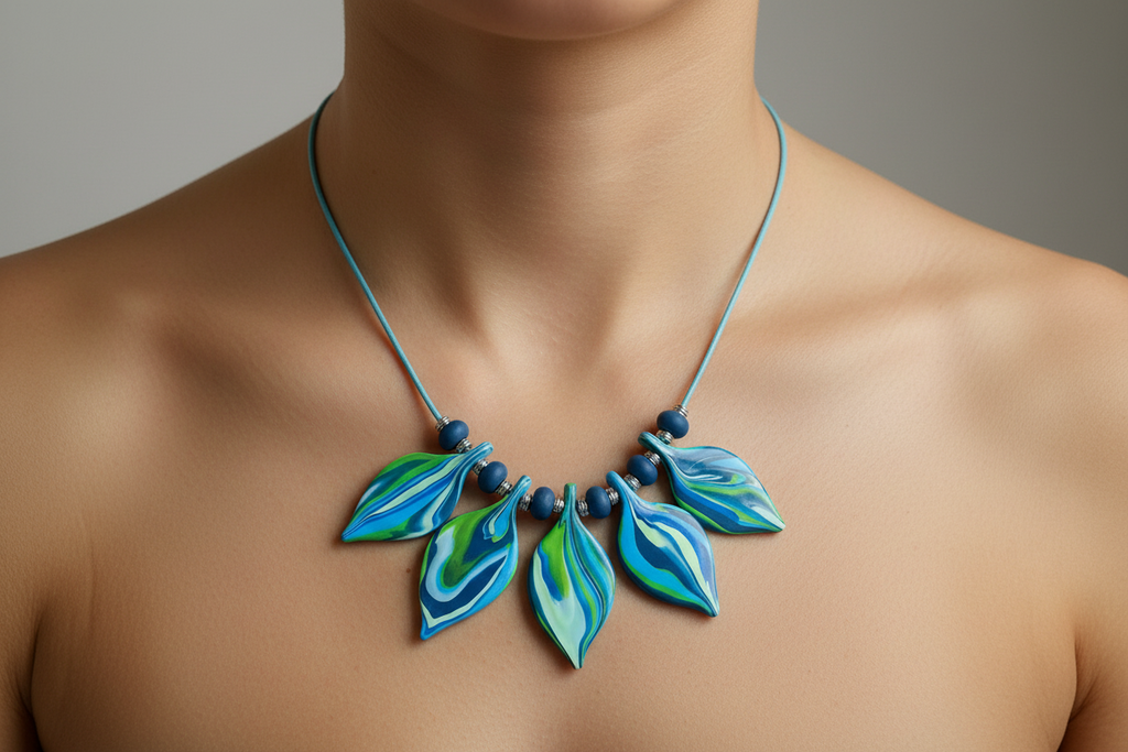 Blue Leaf Polymer Clay Statement Necklace