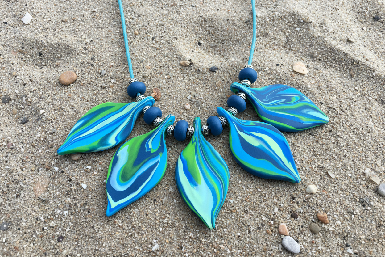 Blue Leaf Polymer Clay Statement Necklace