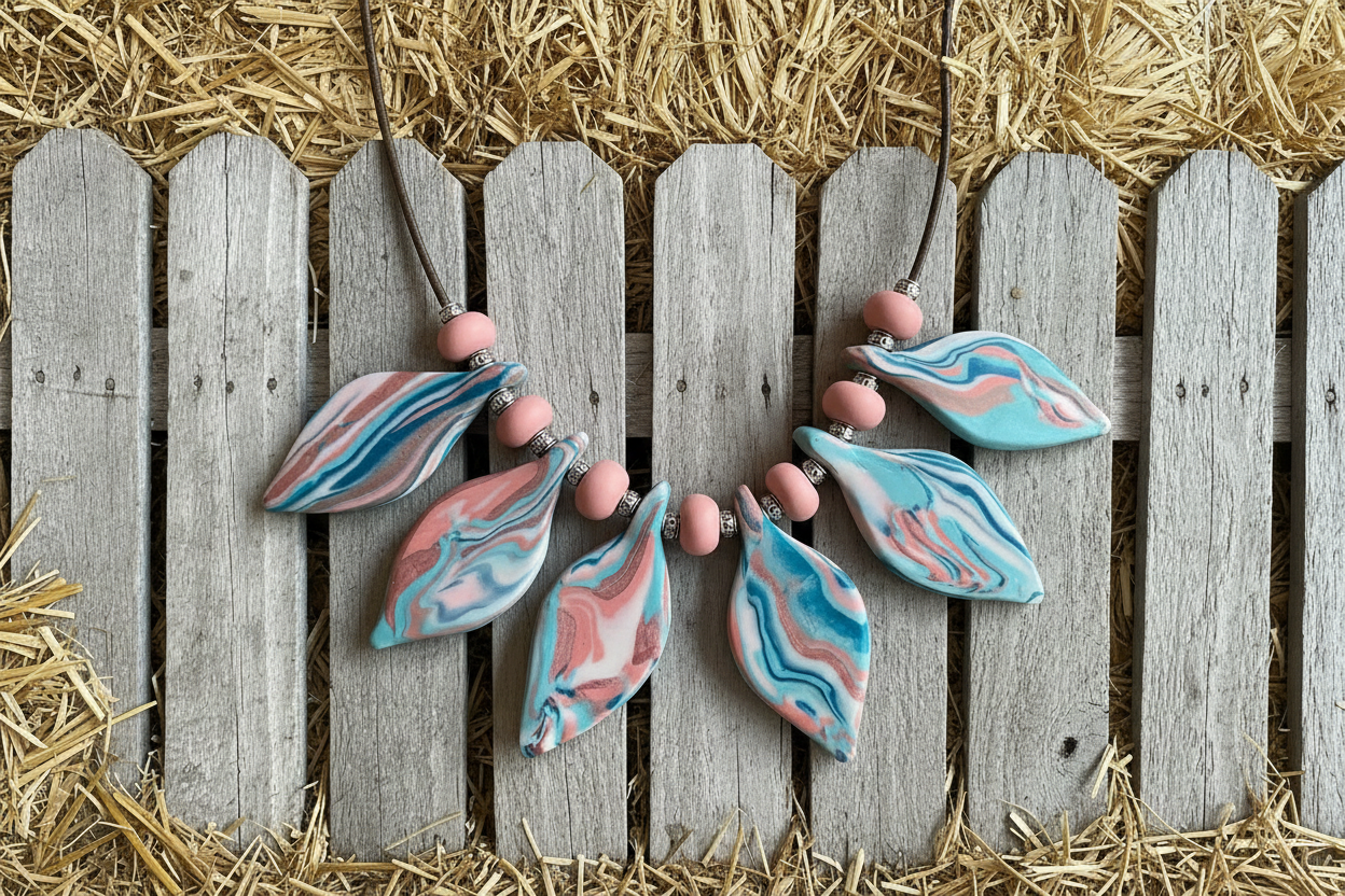Pink Leaf Polymer Clay Statement Necklace