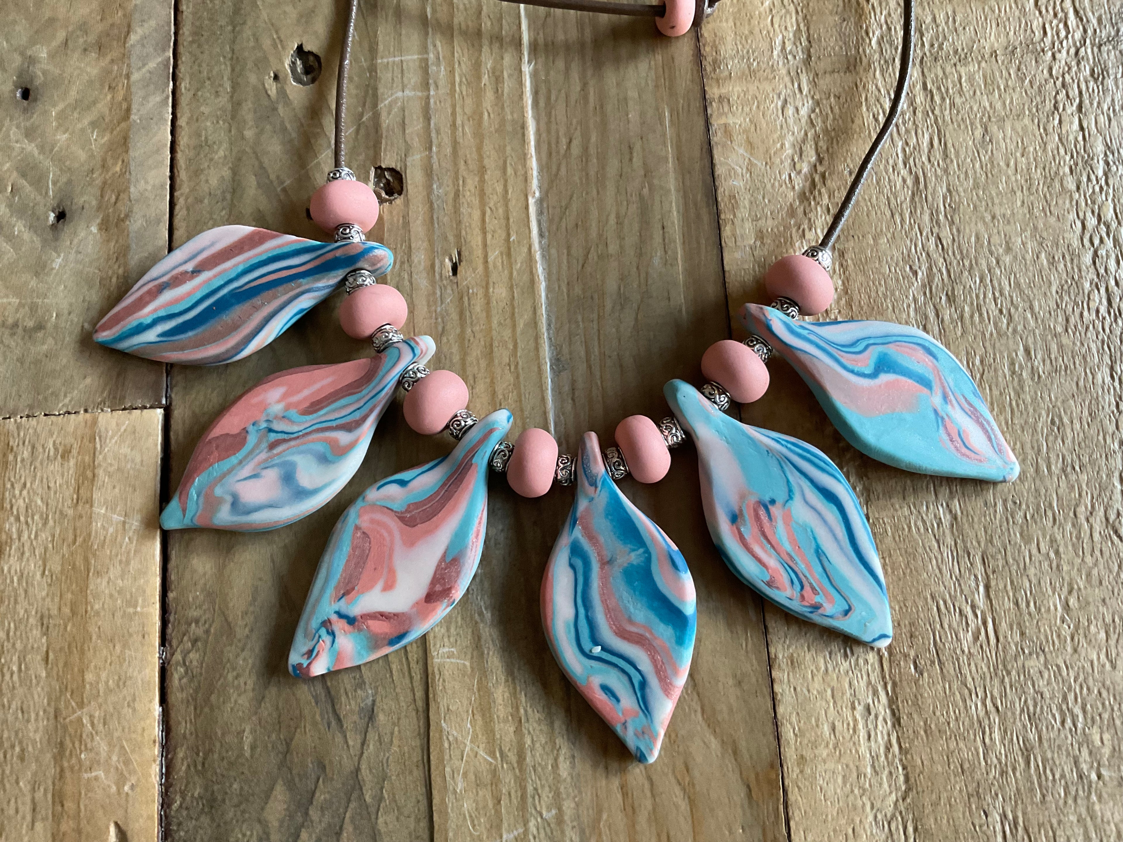 Pink Leaf Polymer Clay Statement Necklace