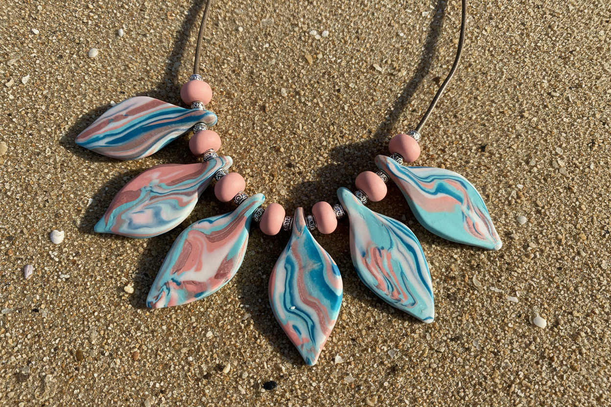 Pink Leaf Polymer Clay Statement Necklace