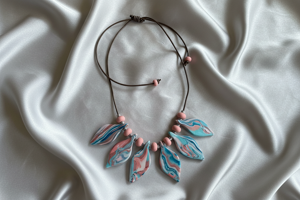 Pink Leaf Polymer Clay Statement Necklace