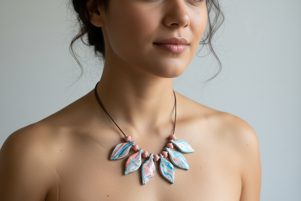 Pink Leaf Polymer Clay Statement Necklace