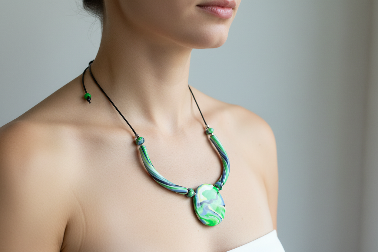 Green Polymer Clay Statement Necklace